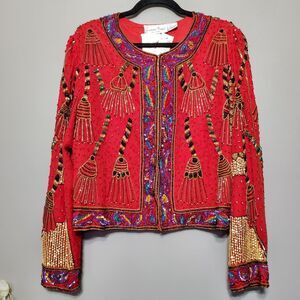 Vintage Laurence Kazar Silk Beaded Size Large Jacket Red Red Tassel Ornate Tags